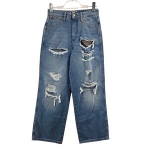 Wrangler x Fender Mom Relaxed Distressed Leopard Patch Jeans Blue 28 Mens Womens